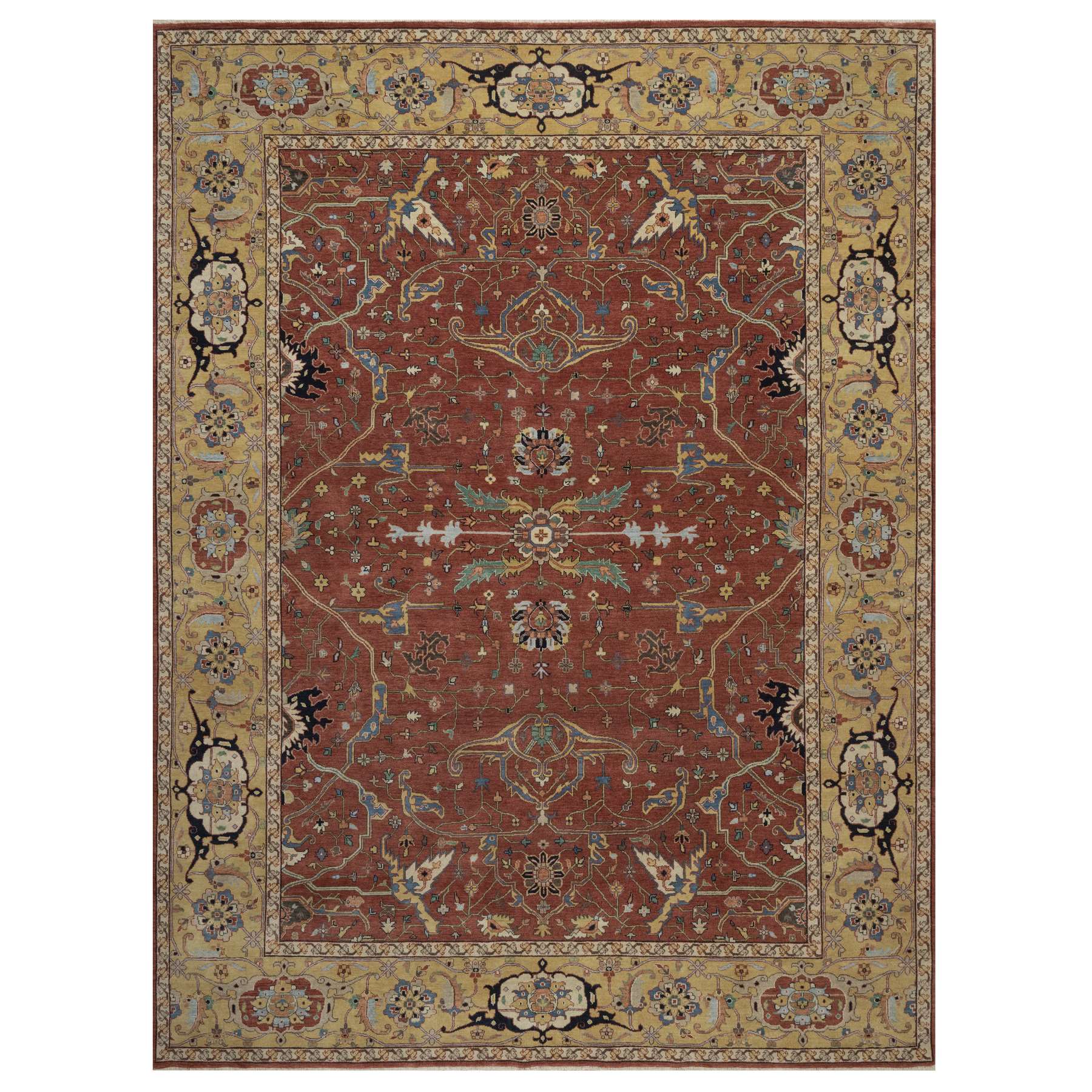 9'2"x12'1" Auburn Red, Antiqued Fine Heriz Re-Creation, All Over Design, Hand Knotted, Hand Spun New Zealand Wool, Soft Pile, Vegetable Dyes, Oriental Rug 